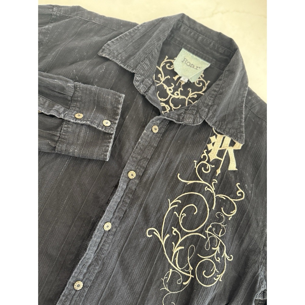 Roar Signature Mens XL Black w/Gold Embroidery 100% Cotton Button Up Shirt